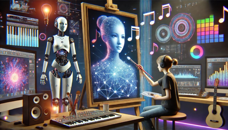 AI-generated scene with an AI girl drawing, another composing music, and an AI boy creating digital artwork using advanced technology