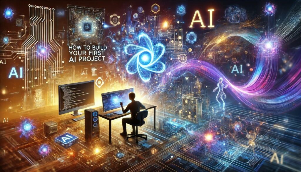 Person creating an AI project with holographic neural networks and futuristic technology in a vibrant workspace.