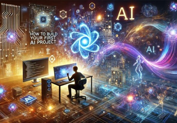 Person creating an AI project with holographic neural networks and futuristic technology in a vibrant workspace.