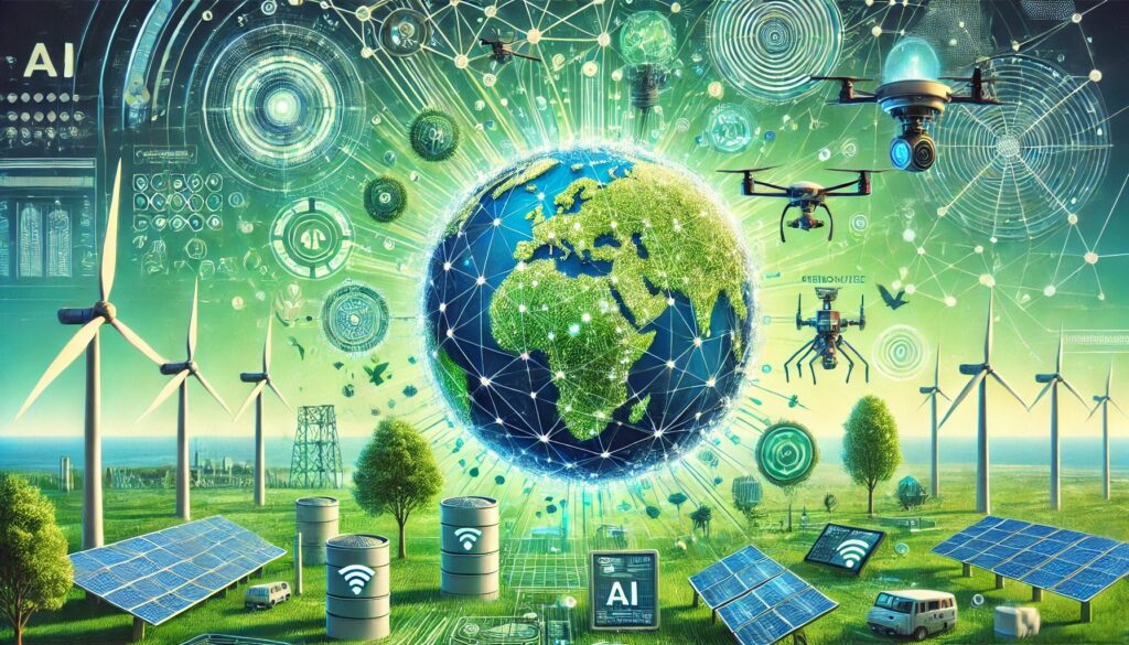 AI and robotics combating climate change with renewable energy and smart technologies in a futuristic eco-friendly world.