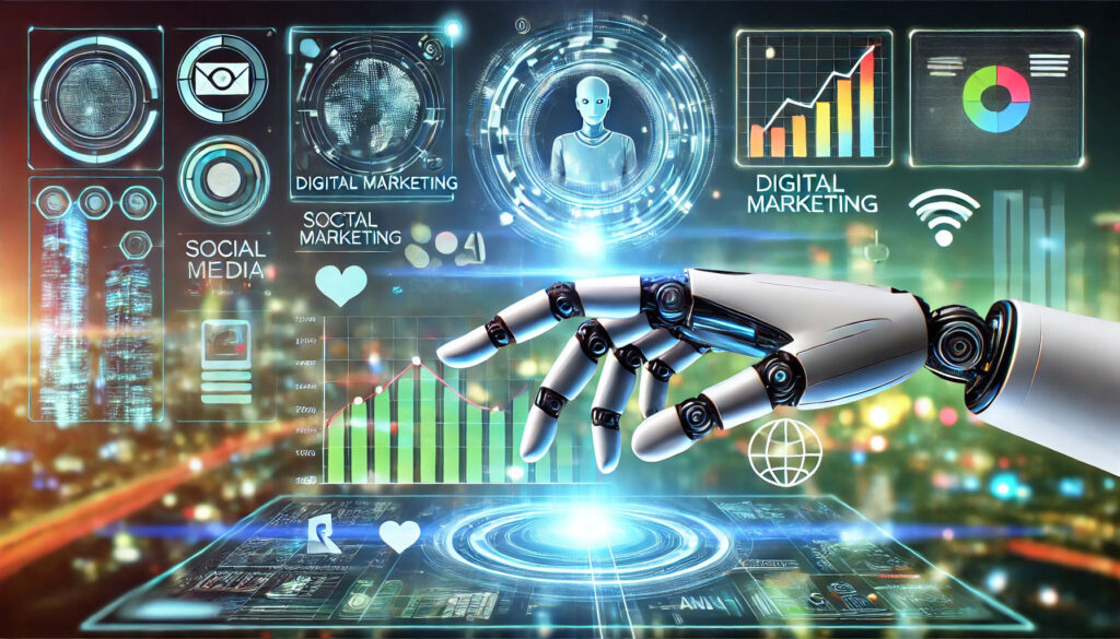 AI-powered digital marketing strategy visual with interconnected marketing tools and futuristic holograms.