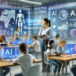 A futuristic classroom integrating AI-powered tools for learning.