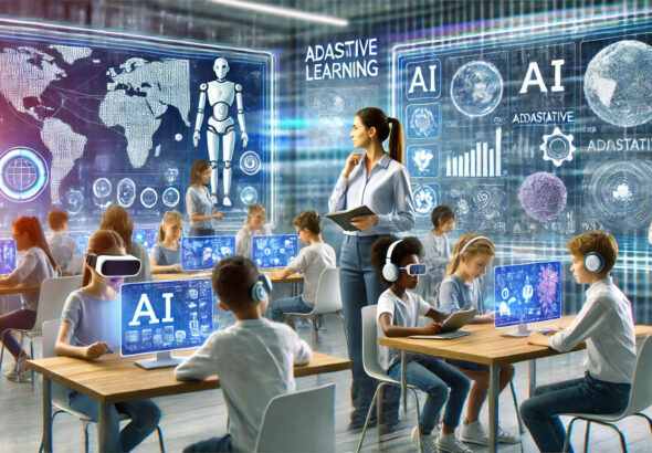 A futuristic classroom integrating AI-powered tools for learning.