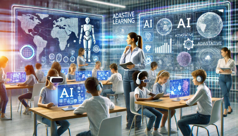 A futuristic classroom integrating AI-powered tools for learning.