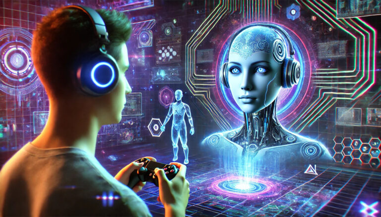 A gamer interacting with a holographic NPC in a futuristic virtual environment