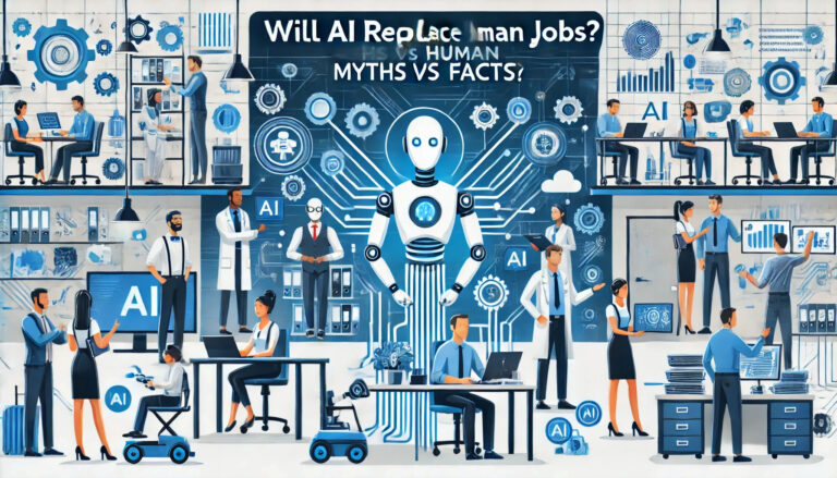 AI robots working in industries and offices, illustrating the myth of humans being replaced by automation.