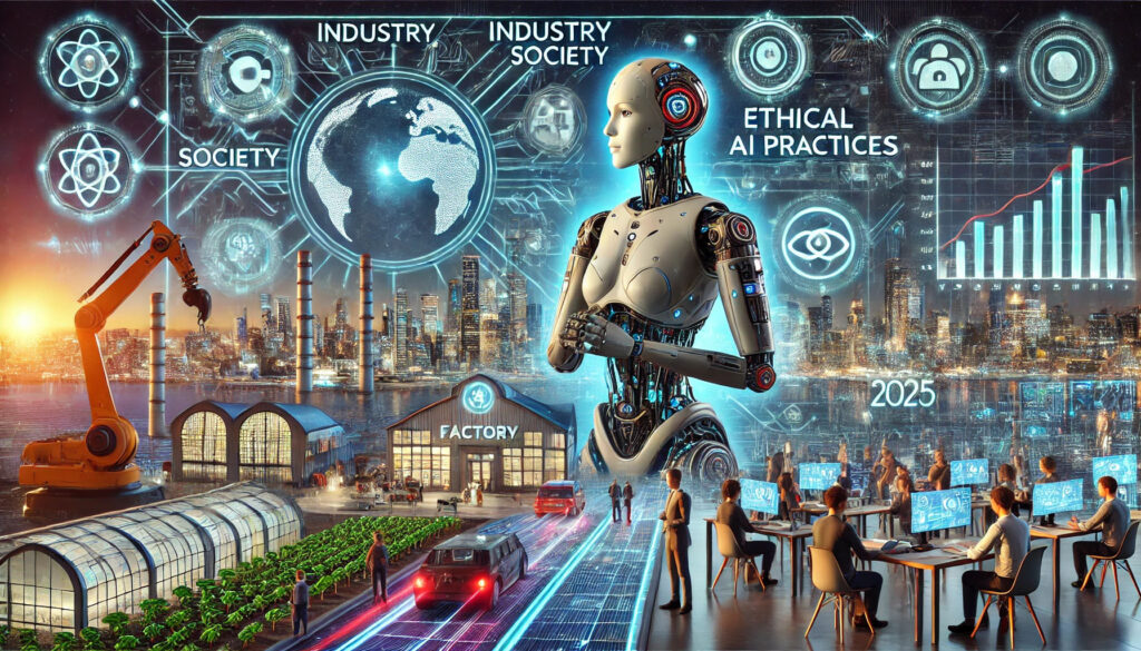 A futuristic cityscape showcasing AI revolutionizing industries, societies, and ethical practices in 2025.