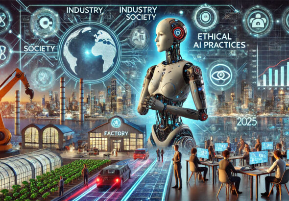 A futuristic cityscape showcasing AI revolutionizing industries, societies, and ethical practices in 2025.