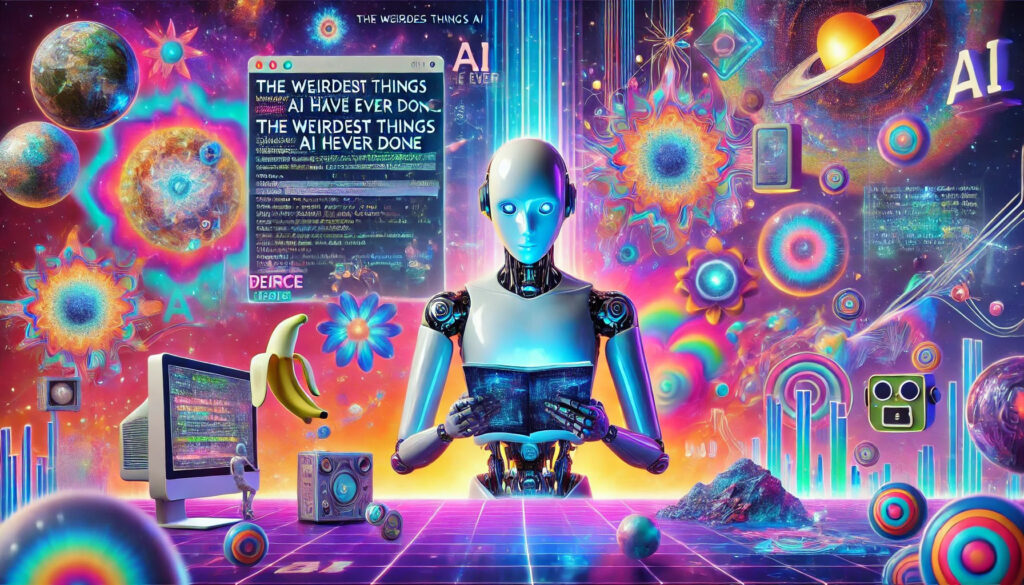 Futuristic robot surrounded by surreal AI-generated visuals, showcasing the quirky and creative side of artificial intelligence.