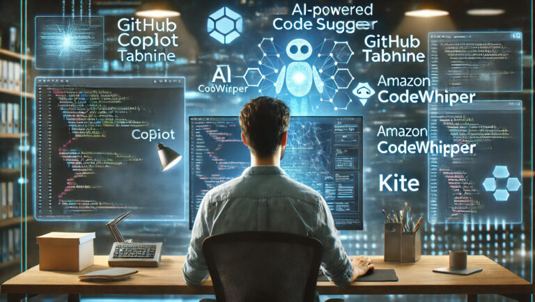 A software developer using AI-powered coding tools to boost productivity in a high-tech workspace.