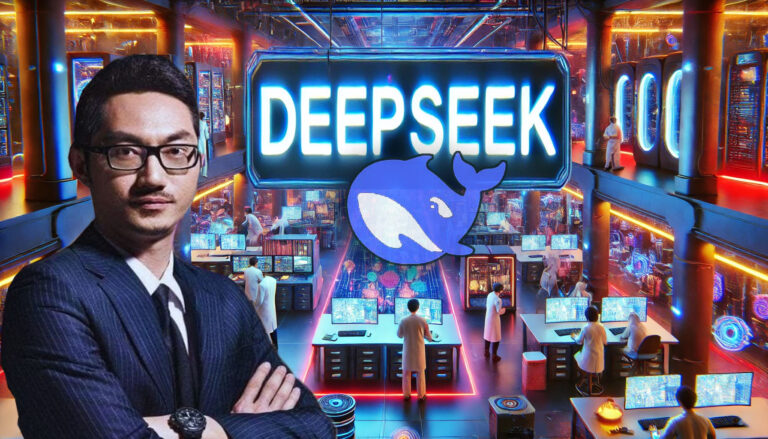 DeepSeek AI text in bold at the center, surrounded by futuristic AI gadgets, researchers, and high-tech servers in a vibrant, realistic AI lab setting.